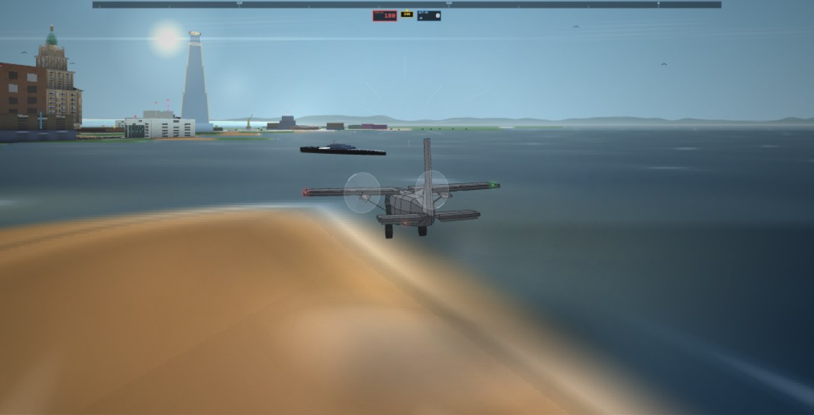Close chase view of the Mule, a twin-prop light cargo aircraft, banking over Coldwater Bay with the Solenne tower behind it.