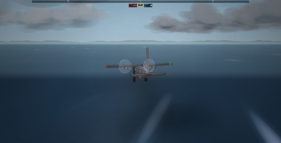 The Mule flying under a low storm deck over Coldwater Bay, rain streaking down through the cloud.
