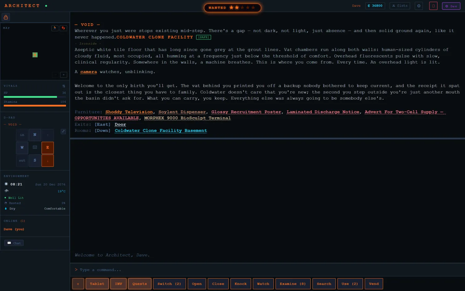 The Architect game client showing a room description, vitals, minimap, D-pad and smartbar