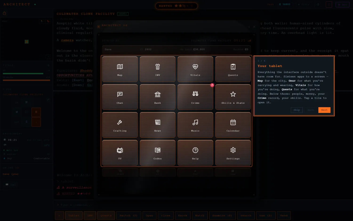 The in-world tablet, Architect OS, showing a grid of sixteen apps