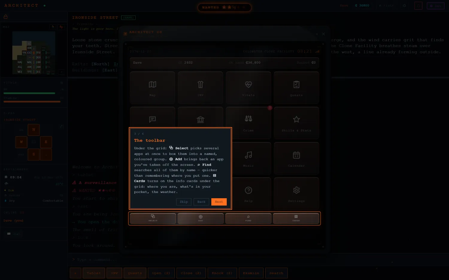 The game client at street level in poor light