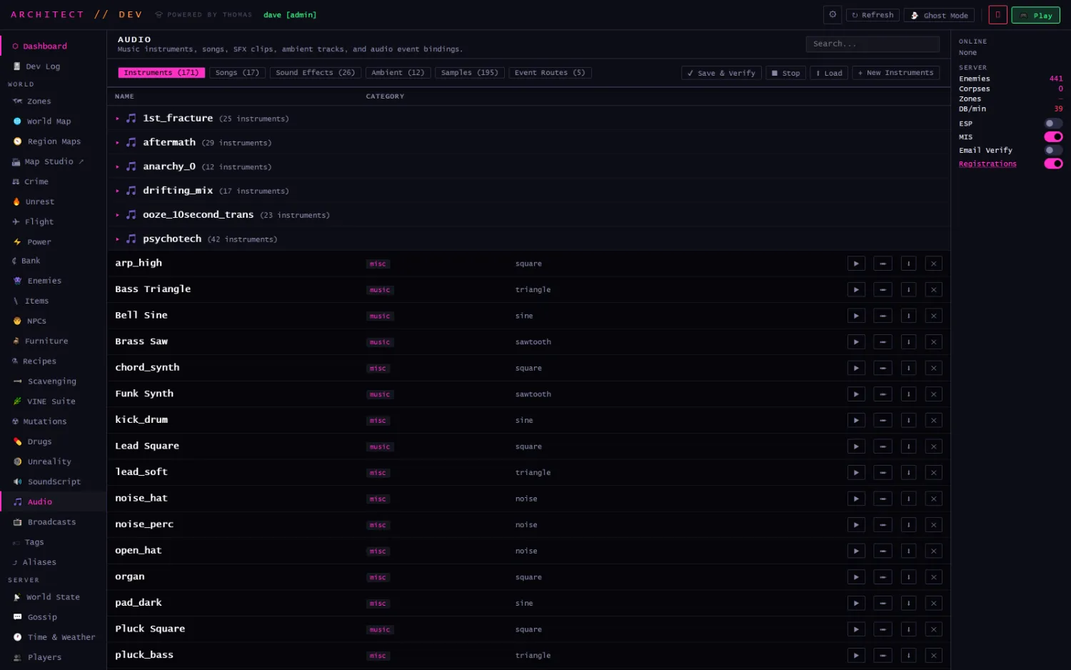 The Audio panel listing synth instruments by waveform
