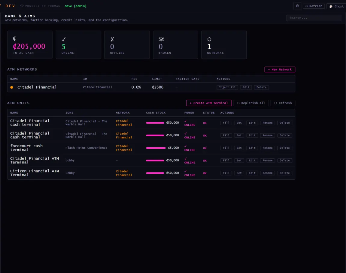bank panel in the dev panel