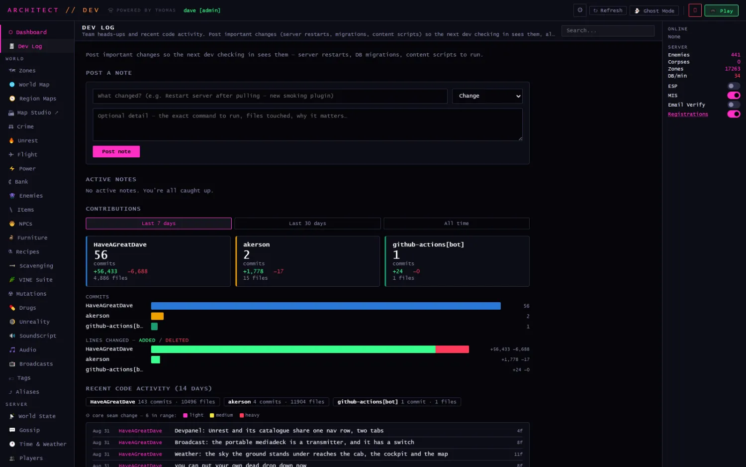 devlog panel in the dev panel