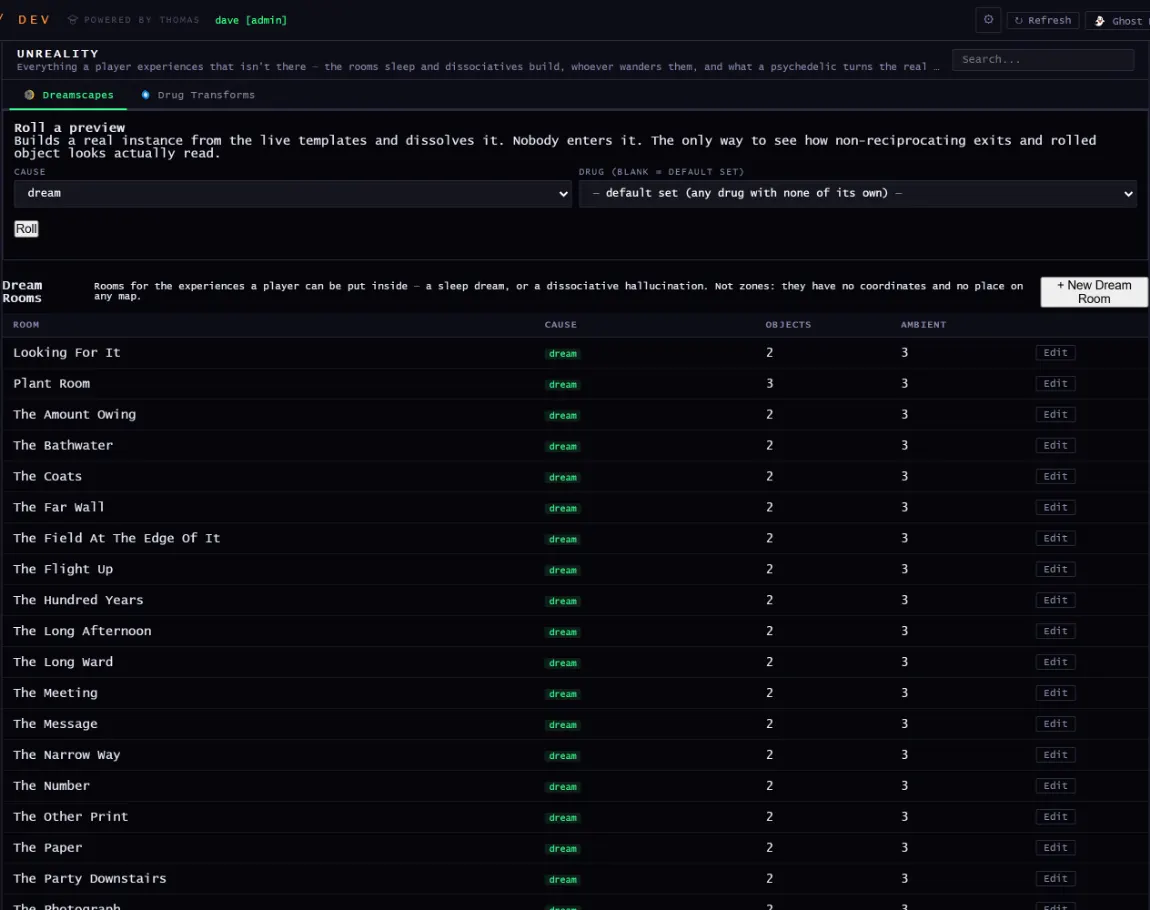 dream templates panel in the dev panel