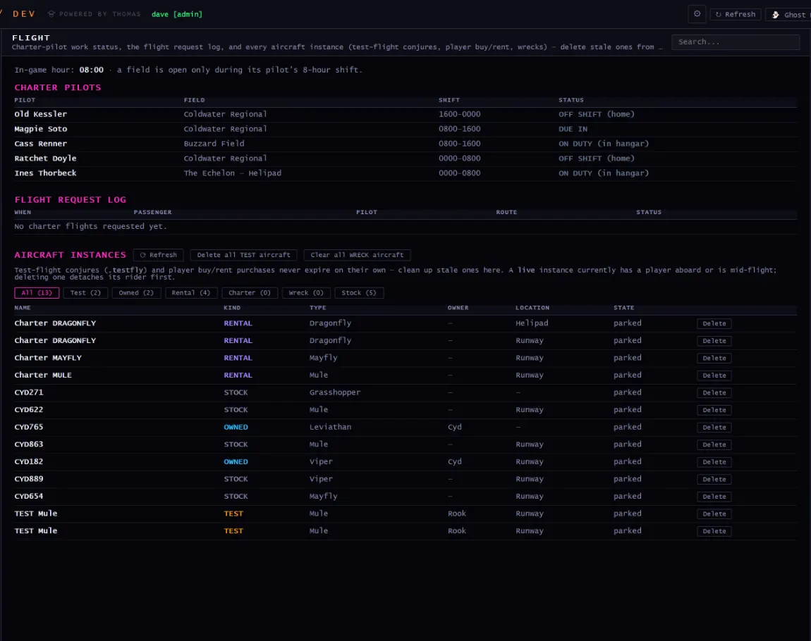 flight panel in the dev panel