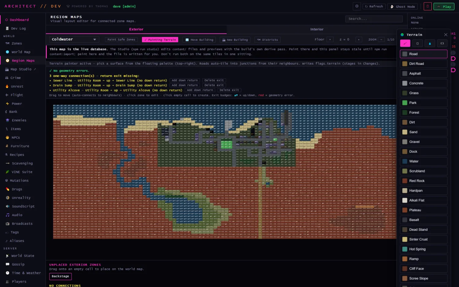 The Region Maps panel painting terrain on Coldwater, with the surface palette open