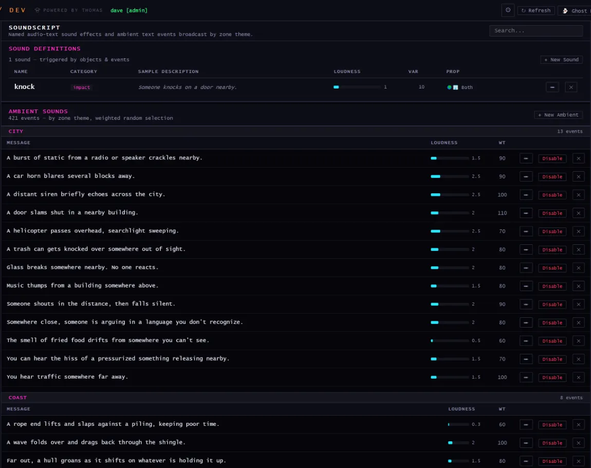 sounds panel in the dev panel