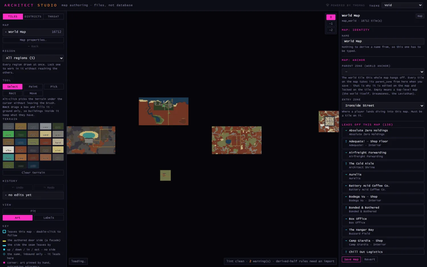 The Studio map editor showing all five regions and a tile inspector