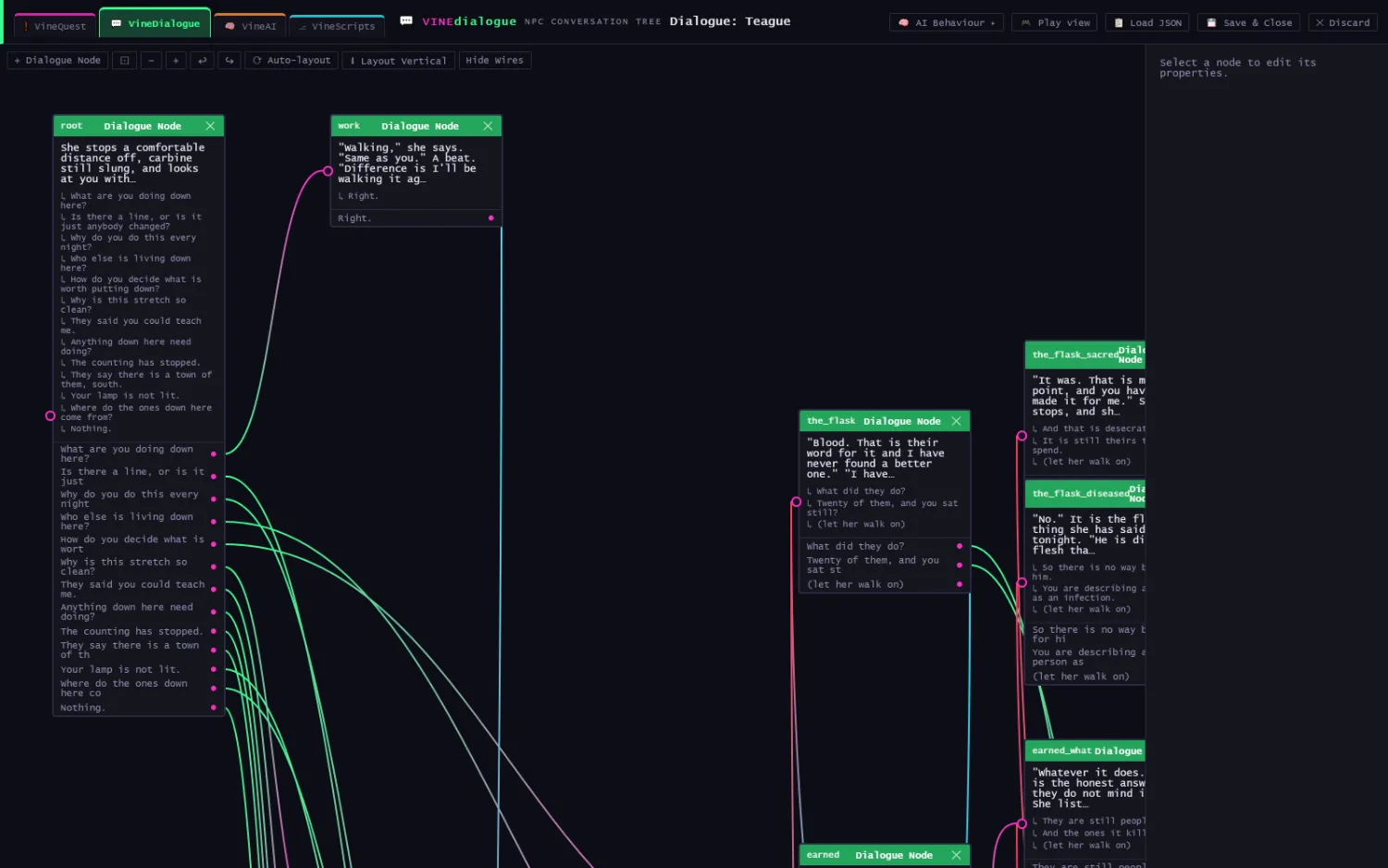 An 83-node dialogue graph open in the VINE editor