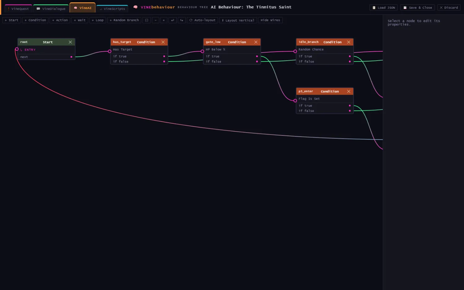 A behaviour tree in the VINE editor with condition and action nodes